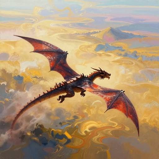 Digital painting of a red, winged dragon soaring through a vibrant, swirling sky filled with golden and blue clouds.