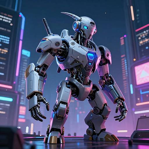 CGI image of a futuristic, white and blue robotic warrior with glowing blue eyes and neon-lit cityscape background.