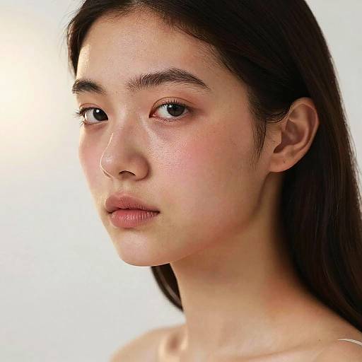 Close-up photograph of a young Asian woman with fair skin, long dark hair, light brown eyes, and natural makeup, set against a bright white background