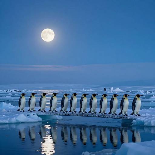 Photograph of a line of ten penguins standing on an icy floe under a full moonlit blue Antarctic sky, with reflections on the water.