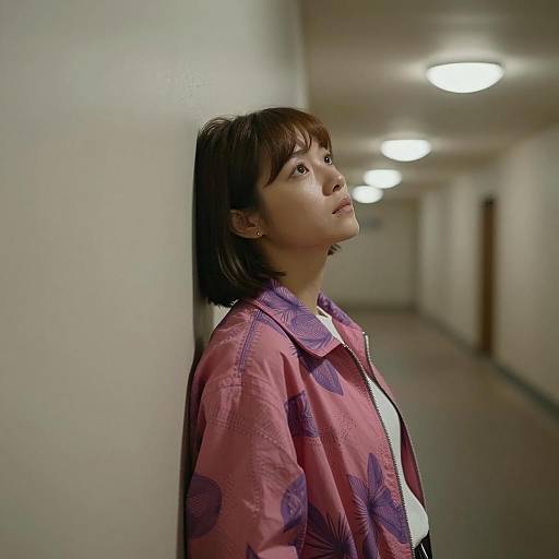 Reflective Woman Leaning in Corridor