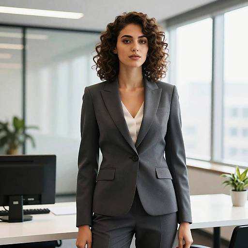 Photograph of a confident woman with curly brown hair, wearing a dark gray blazer over a white blouse, standing in a bright, modern office with