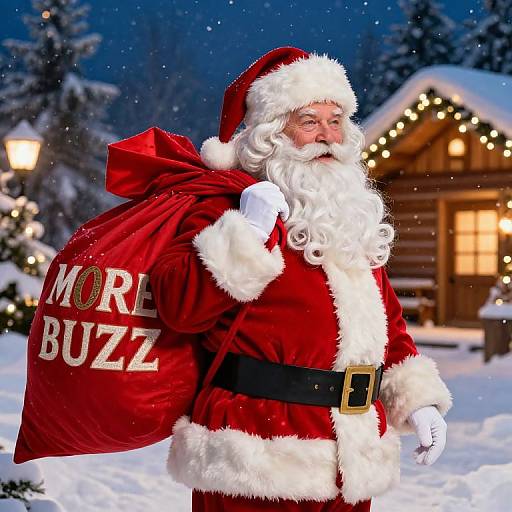 Photograph of a Santa Claus with a white beard, red suit, and black belt, carrying a 