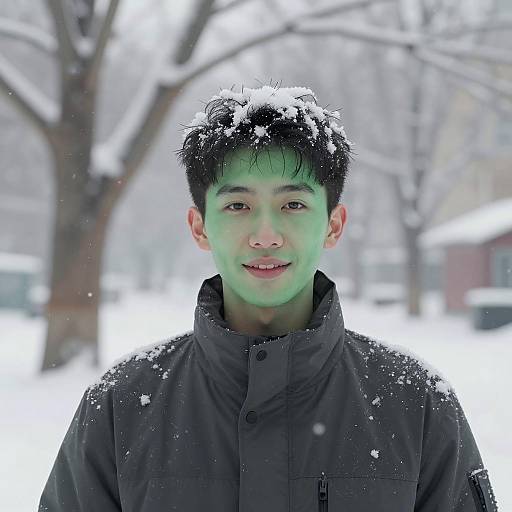 Boy with Green Skin in Winter Wonderland