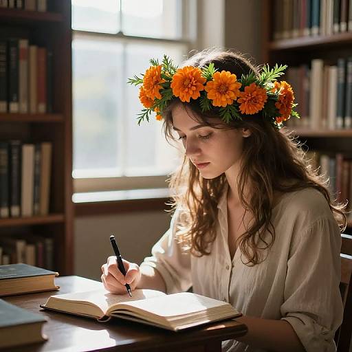 Photograph of a young woman with a vibrant orange flower crown, writing in an open book at a sunlit library table.