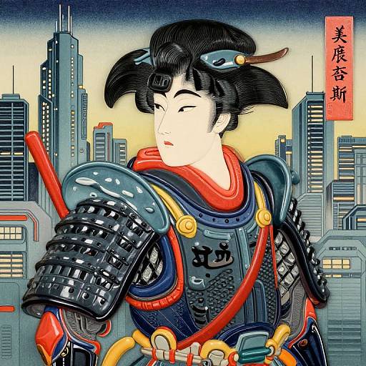 Digital illustration of a Japanese samurai in armor with black hair, set against a futuristic cityscape with tall buildings. Red sash and traditional kanji