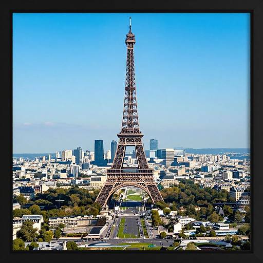 Digital illustration of the Eiffel Tower centered in a vibrant Paris cityscape, with a clear blue sky and modern buildings in the background.