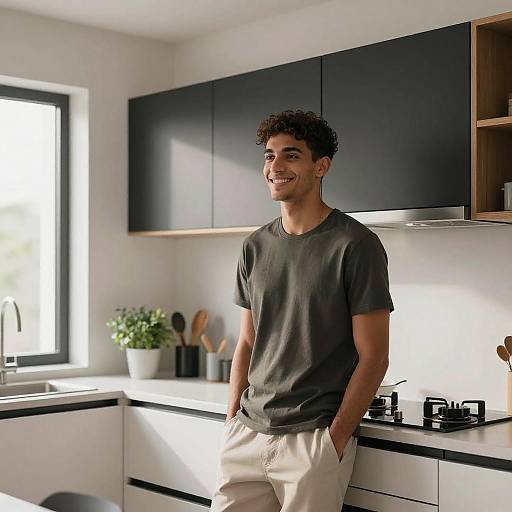 Photograph of a smiling young man with curly dark hair, wearing a gray t-shirt and beige pants, leaning against a modern black and white kitchen counter