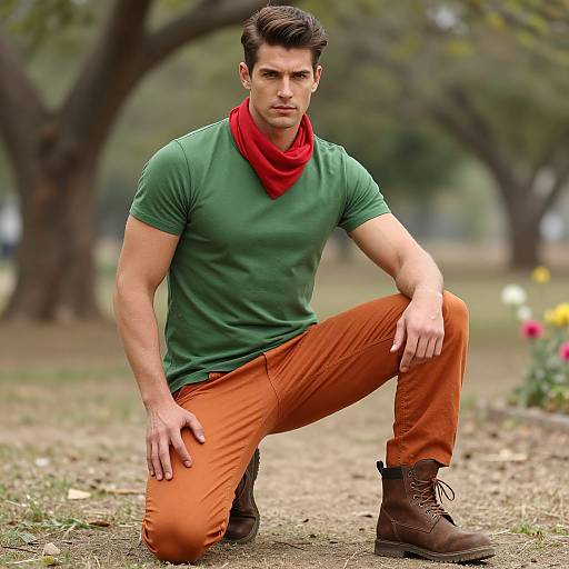 Photograph of a muscular, dark-haired man in a green shirt, red scarf, orange pants, and brown boots, kneeling in a park.