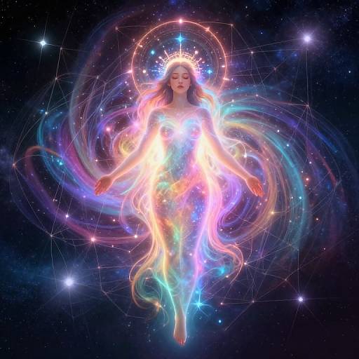 Digital art of a glowing, ethereal woman with long, flowing hair, surrounded by colorful, swirling light and stars in space.