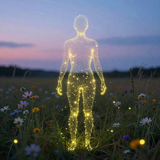 Photograph of a glowing, silhouette-like human figure standing in a field of flowers at dusk, surrounded by scattered fairy lights.