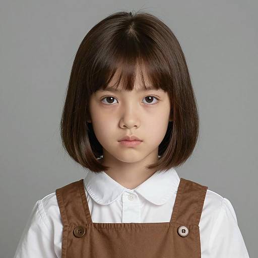 Serious Young Girl with Brown Bob Haircut