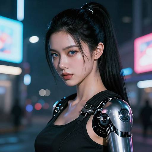 Cyberpunk digital artwork of a beautiful young woman with pale skin, black hair in a high ponytail, and a robotic silver shoulder, wearing a