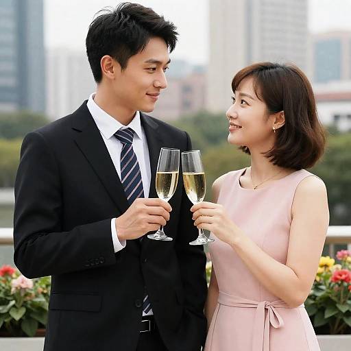 Celebratory Couple Toasting in Cityscape