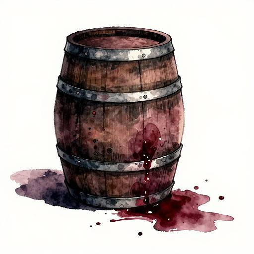 Watercolor illustration of a wooden barrel with metal bands, stained with red wine, and a puddle of wine on the ground.