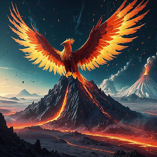 Fiery Phoenix Soaring Above Volcanic Mountain