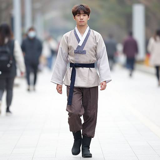 Photograph of an East Asian man with short brown hair, wearing a white traditional Korean hanbok with blue stripes and black pants, walking down a