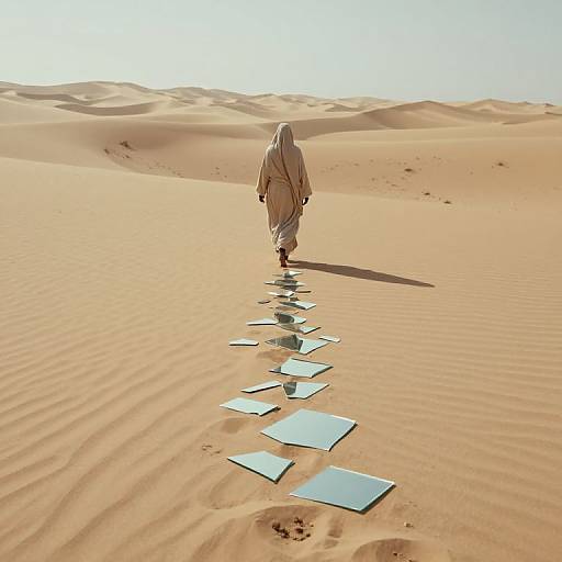 Photograph of a person in a white robe walking through a vast, sunlit desert, stepping on scattered glass tiles.
