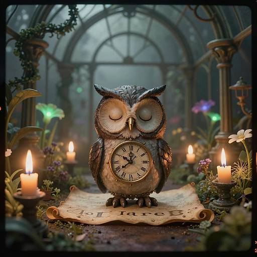 Clockwork Owl in Foggy Victorian Greenhouse