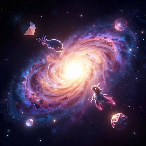 Digital artwork of a vibrant, swirling galaxy with a bright core, surrounded by neon pink and blue gas clouds, floating jellyfish, and three planets,