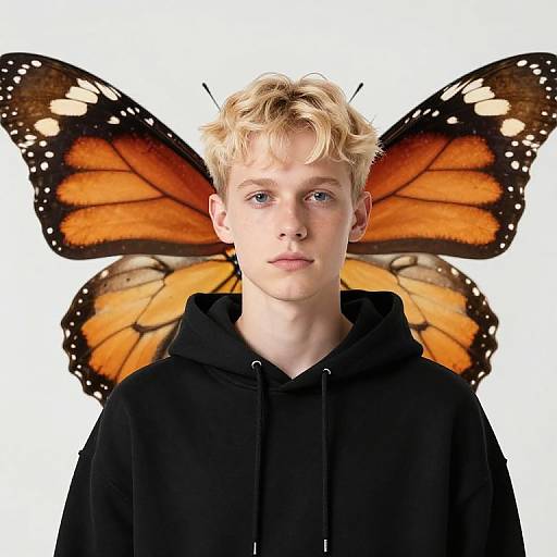 Blonde Boy in Black Hoodie with Butterfly