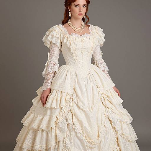 Photograph of a fair-skinned woman with red hair in a white, lace-trimmed, Victorian-style wedding gown with puffed sleeves and multiple