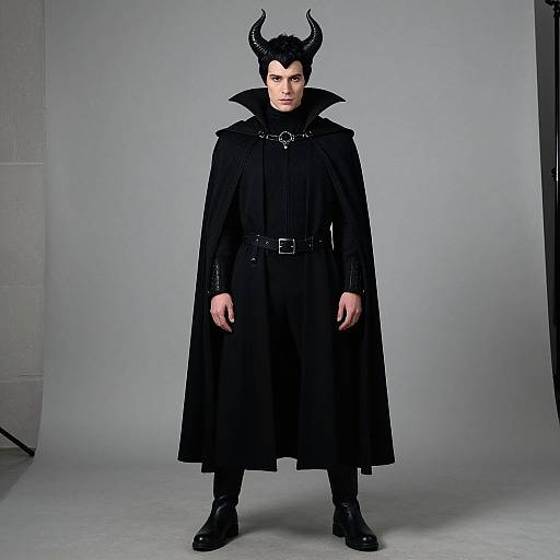 Photograph of a pale-skinned male with black horned helmet, black cloak with high collar, and black boots, standing against a gray studio background