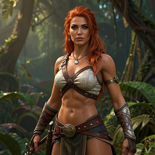 Digital artwork of a muscular, red-haired woman with fair skin, wearing a metallic bra and brown leather armor, standing in a lush, sunlit jungle