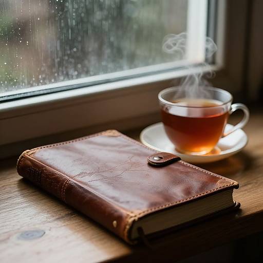 Photograph of a brown leather notebook with a button clasp, next to a steaming cup of tea on a wooden windowsill, with raindrops