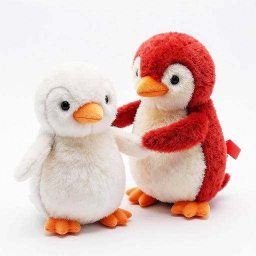 Photograph of two plush penguins, one white with orange feet and beak, the other red with white belly, touching gently.