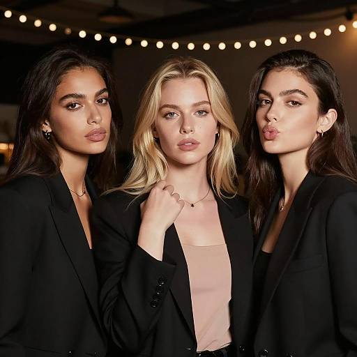 Three Women in Black Jackets with String Lights