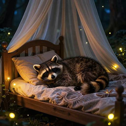 Photograph of a raccoon with black and white fur, lying on a wooden bed with a white canopy, illuminated by fairy lights, in a dark