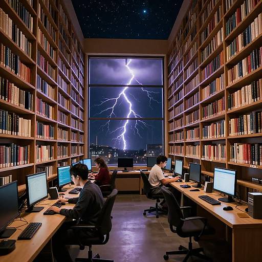 Photograph of a library with four people working on laptops, illuminated by a bright, striking lightning bolt through large windows.