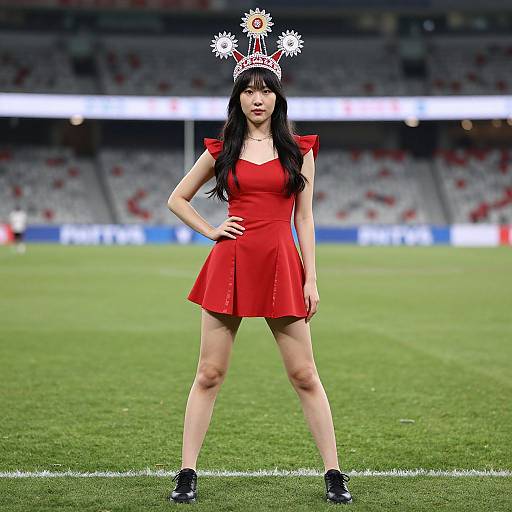 Photograph of an Asian woman in a red dress and crown, standing confidently on a football field with stadium seats blurred in the background.