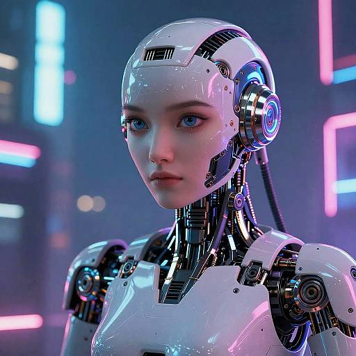 Futuristic Humanoid Robots in Cyberpunk City
