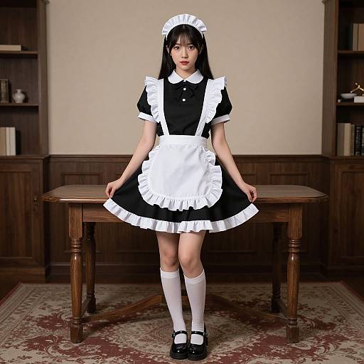 Photograph of an Asian woman in a classic black and white French maid outfit, standing in a wooden-paneled room, holding her skirt, with a