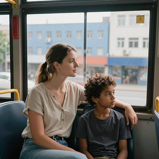 Urban Scene with Mother and Son on Bus