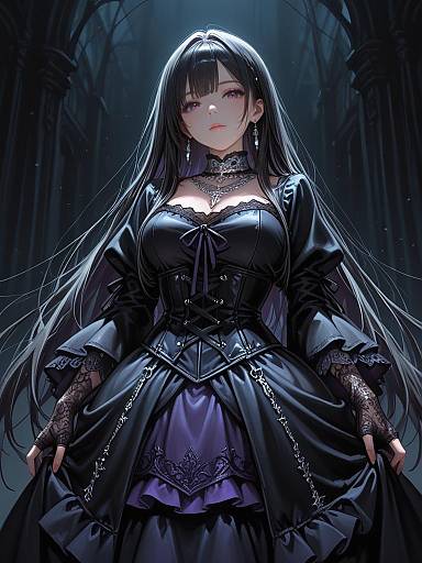 Gothic Woman in Black Corset Gown