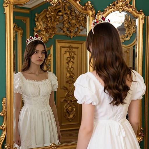 Young woman with long brown hair, wearing a white dress and red gemstone tiara, stands before an ornate gold mirror in a luxurious, teal