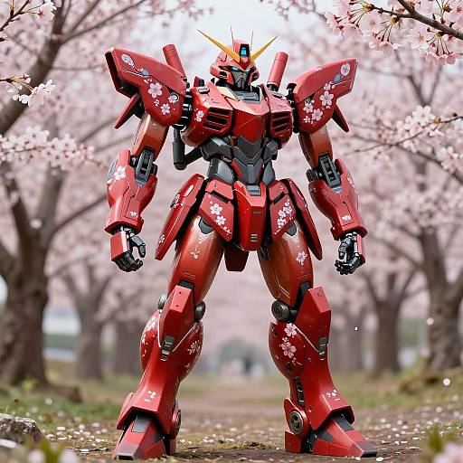 Futuristic Japanese Mech in Cherry Blossoms
