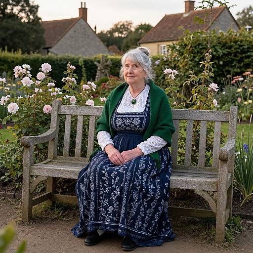 Photograph of an elderly white woman with white hair, wearing a green cardigan and blue embroidered dress, sitting on a wooden bench in a colorful garden