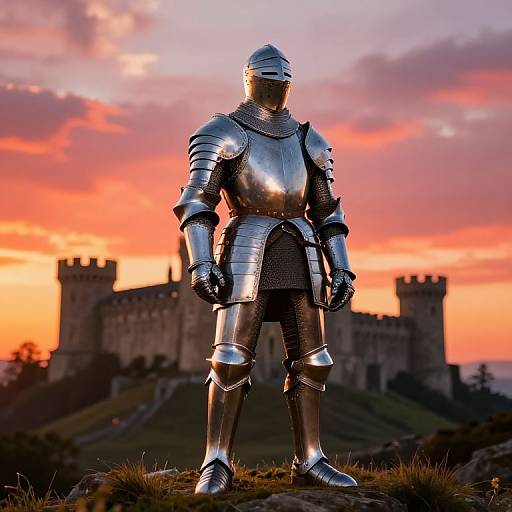 Photograph of a silhouetted knight in shiny silver armor standing on a grassy hill, with a dramatic orange and pink sunset sky, and