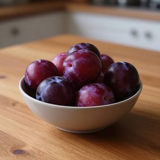 Photograph of a white ceramic bowl filled with fresh, glossy purple plums on a wooden kitchen countertop.