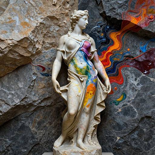 Photograph of a white marble statue of a classical woman, painted with vibrant abstract splashes of orange, blue, and green, against a textured rock