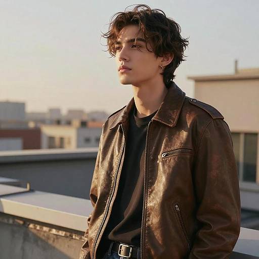 Photograph of a young man with tousled brown hair, wearing a brown leather jacket over a black shirt, standing on a rooftop at sunset, city