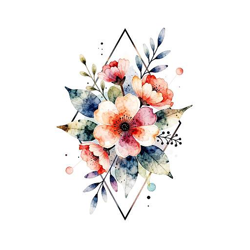 Watercolor floral bouquet with red, pink, and orange flowers, blue leaves, and black geometric diamond, on white background.