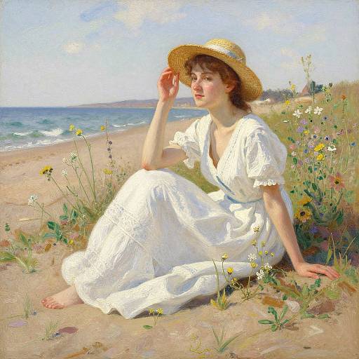 Oil painting of a young woman in a white, loose dress and straw hat, sitting on a sunny beach, surrounded by wildflowers, gazing at