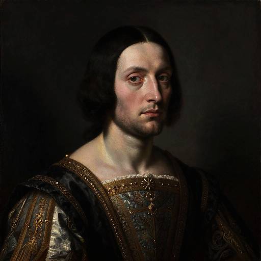 Baroque-style portrait of a pale, serious-looking man with shoulder-length dark hair, wearing ornate, dark, gold-embellished robes,