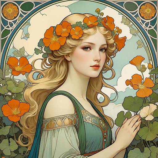 Art Nouveau Woman with Nasturtiums