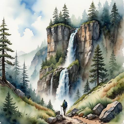 Serene Waterfall Landscape with Hiker